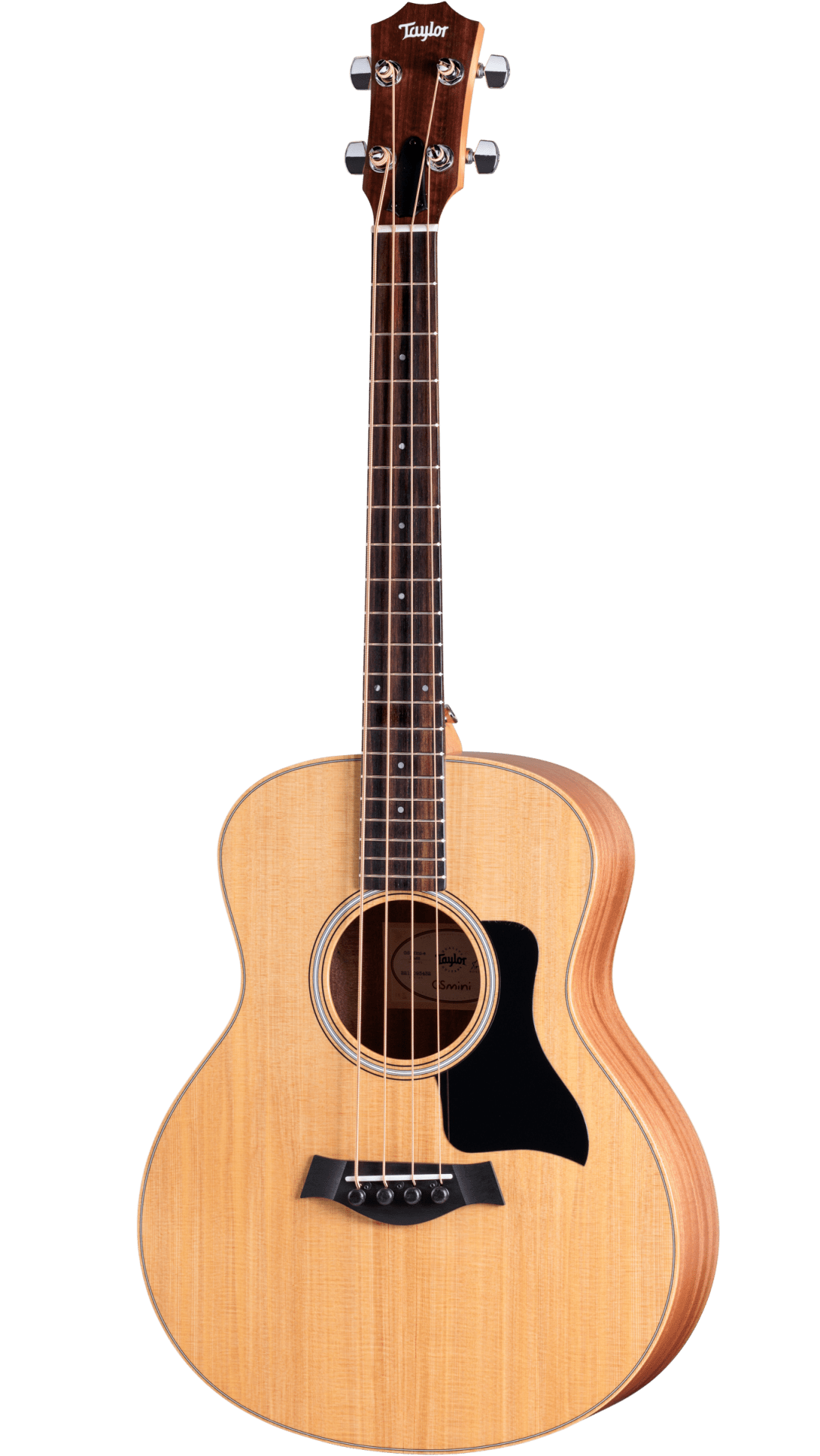 The image shows a Taylor 4-string acoustic bass guitar with a natural wood finish. It features a dark wood headstock with the Taylor logo and chrome tuners, a dark fingerboard with dot markers, a round sound hole with a decorative rosette, a black pickguard, and a dark wood bridge likely with an integrated pickup. This high-quality instrument is known for its warm, mellow tone ideal for unplugged and recording use.