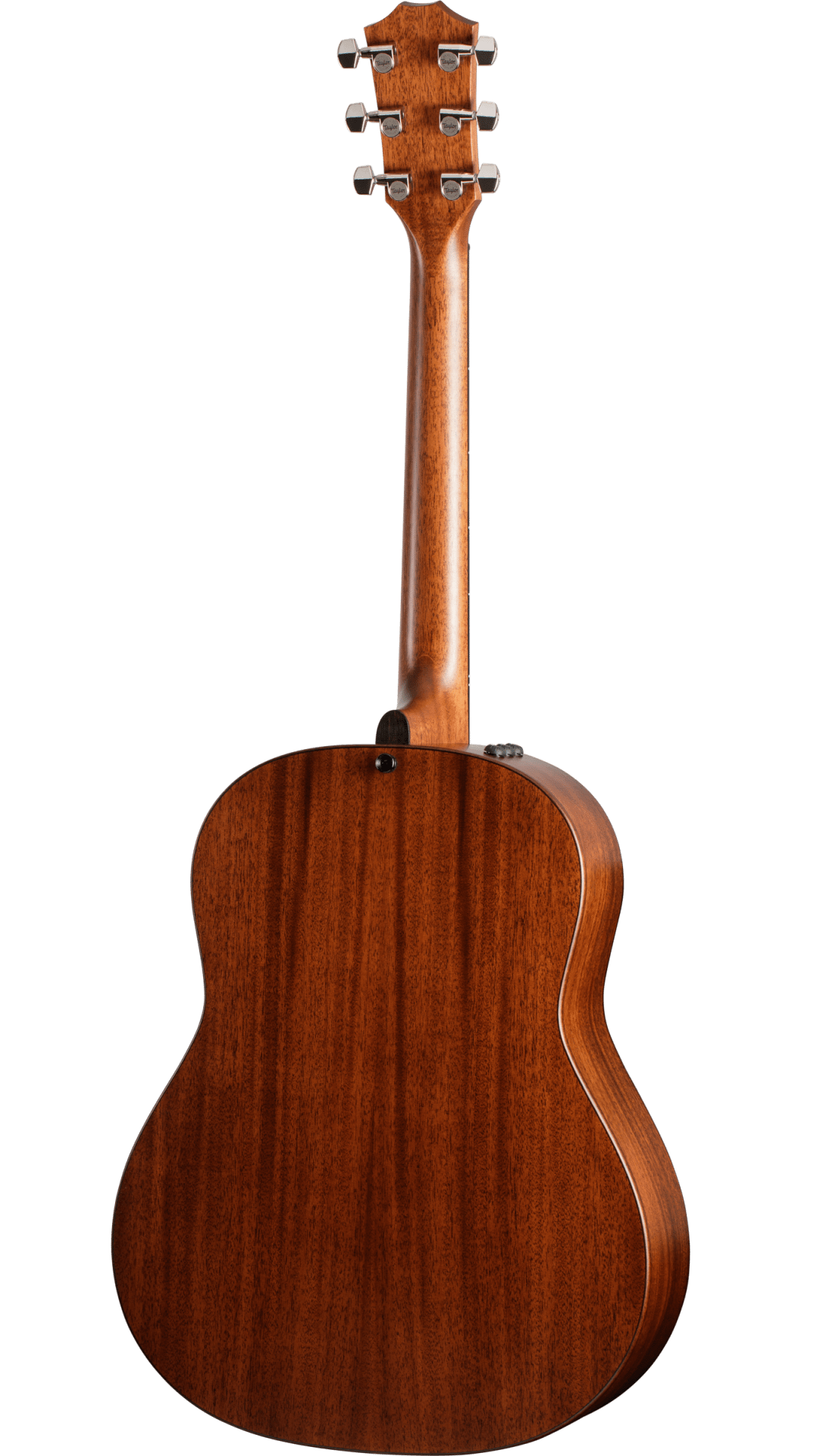 The image shows the back of an acoustic-electric guitar with a rich, warm wood finish and visible grain. It features six chrome tuning pegs in a 3+3 layout, a classic curved body with lighter edge binding, and a small control panel on the side. The smooth, polished surface and high-quality wood suggest a mid to high-end, well-crafted instrument designed for both acoustic and amplified play.