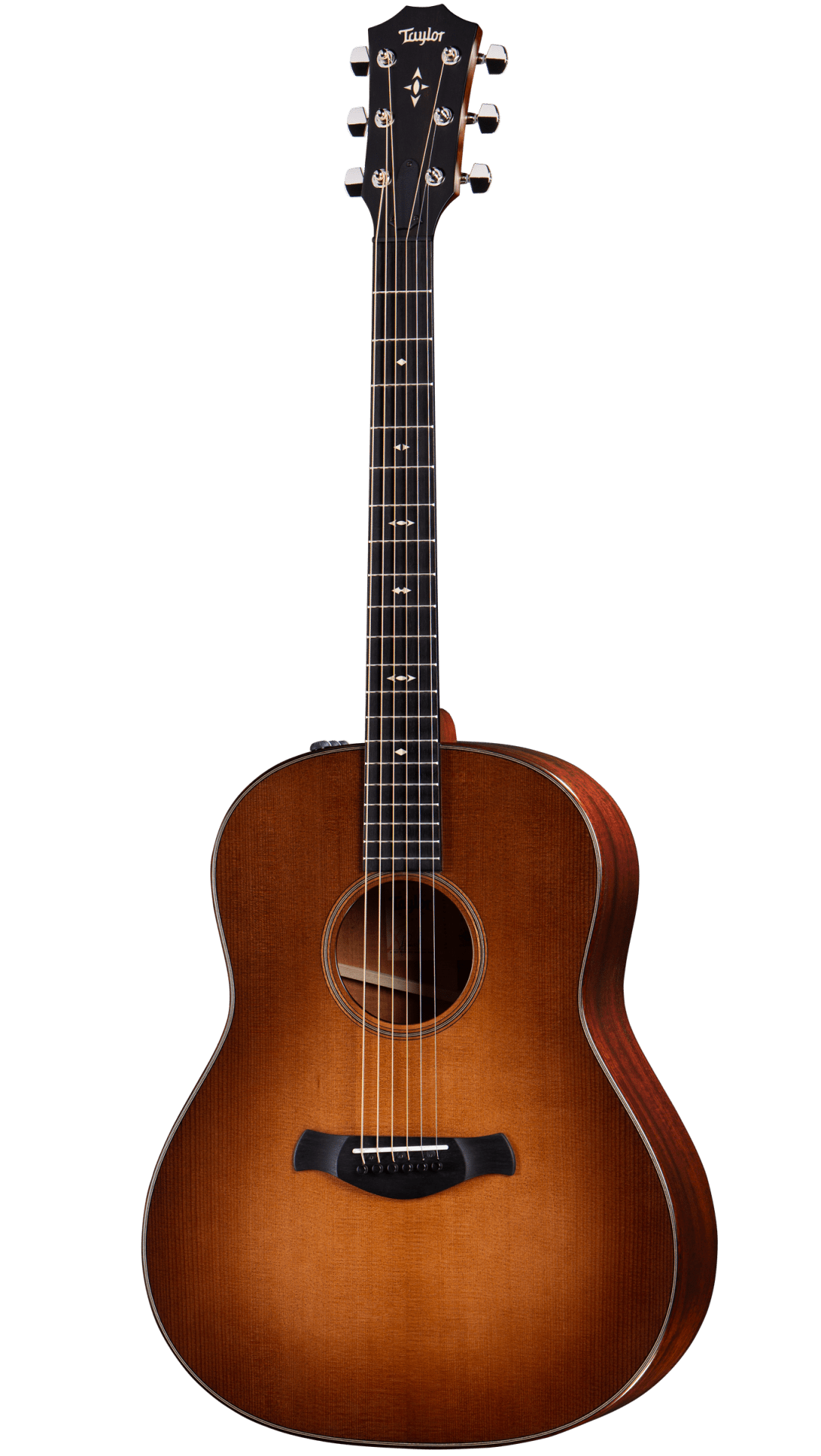 The image shows a beautiful Taylor acoustic steel-string guitar with a classic dreadnought body. It features a sunburst finish transitioning from amber center to dark edges, a light-colored spruce top, darker wood back and sides, chrome tuning pegs, black bridge, decorative fretboard inlays including a distinctive 12th fret pattern, and light binding around the body. The Taylor logo is visible on the headstock.