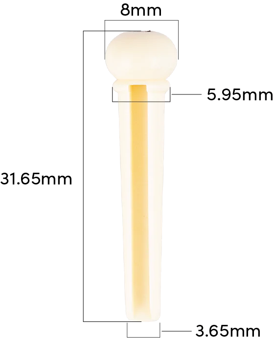 The image shows a tuning peg (machine head) for stringed instruments, likely made of light-colored plastic or bone. It features a rounded 8mm diameter head, a tapered shaft 31.65mm long, with diameter decreasing from 5.95mm near the head to 3.65mm at the bottom. Used on guitars and similar instruments, it fits into the headstock to wind strings and adjust tension for tuning.