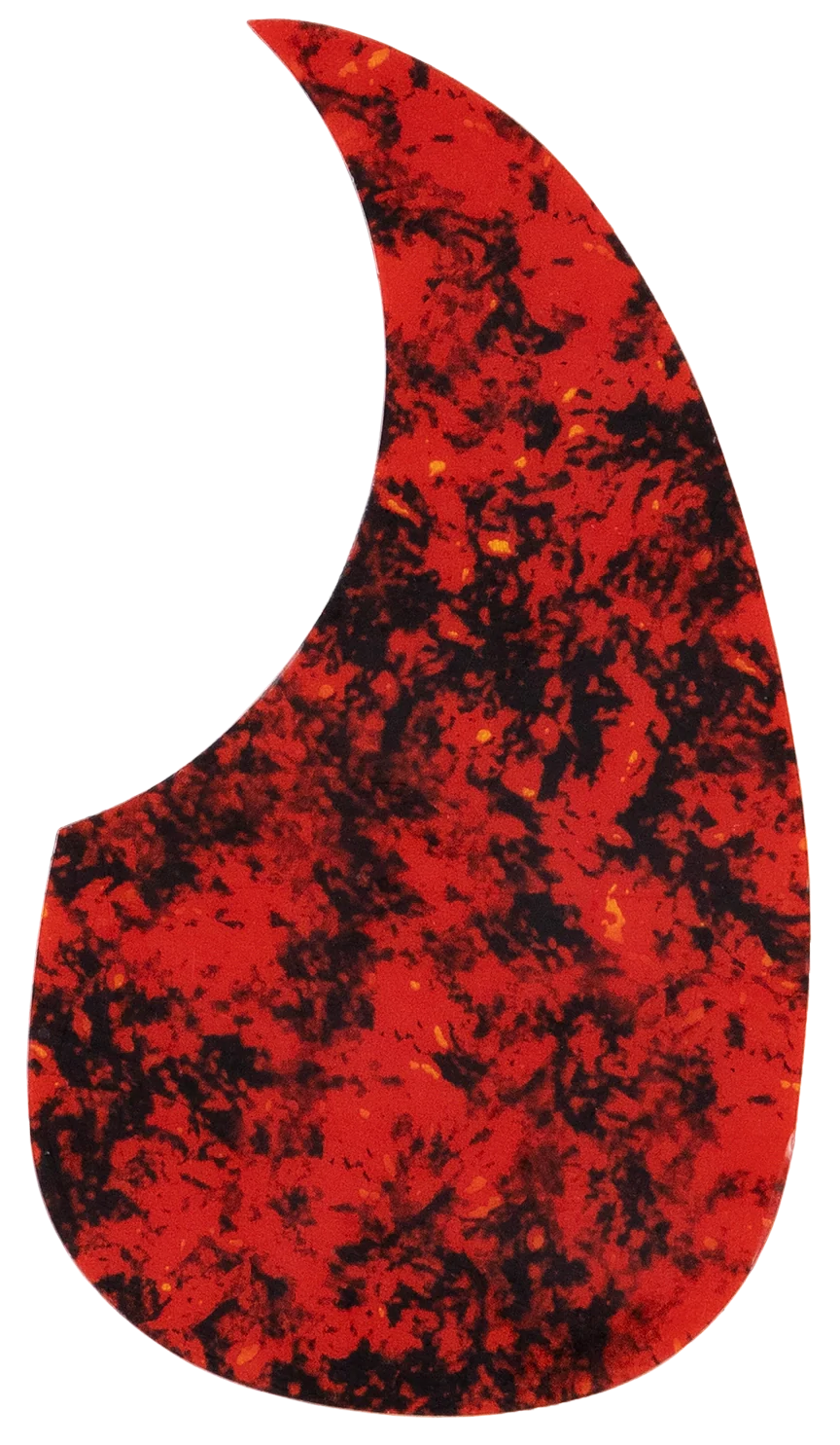 The image shows a teardrop-shaped guitar pickguard with a vibrant red and black marbled pattern, featuring orange and amber accents. Common on acoustic and some electric guitars, this decorative pickguard protects the guitar's top from scratches while enhancing its visual appeal. Its bold colors make it a striking accessory that combines function and style.