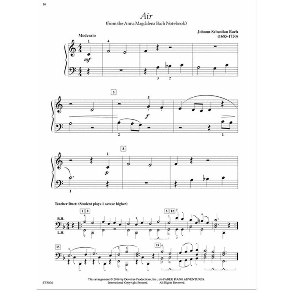 The image shows sheet music for piano, an arrangement of Bach's "Air" from the Anna Magdalena Bach Notebook. It features treble and bass clefs, marked "Moderato" in 4/4 time with dynamic markings (mf, f, p), fingering numbers, slurs, phrase marks, and measure numbers. A "Teacher Duet" section at the bottom includes right and left-hand parts for accompaniment. The music is from the "Faber Piano Adventures" method book for instructional use.