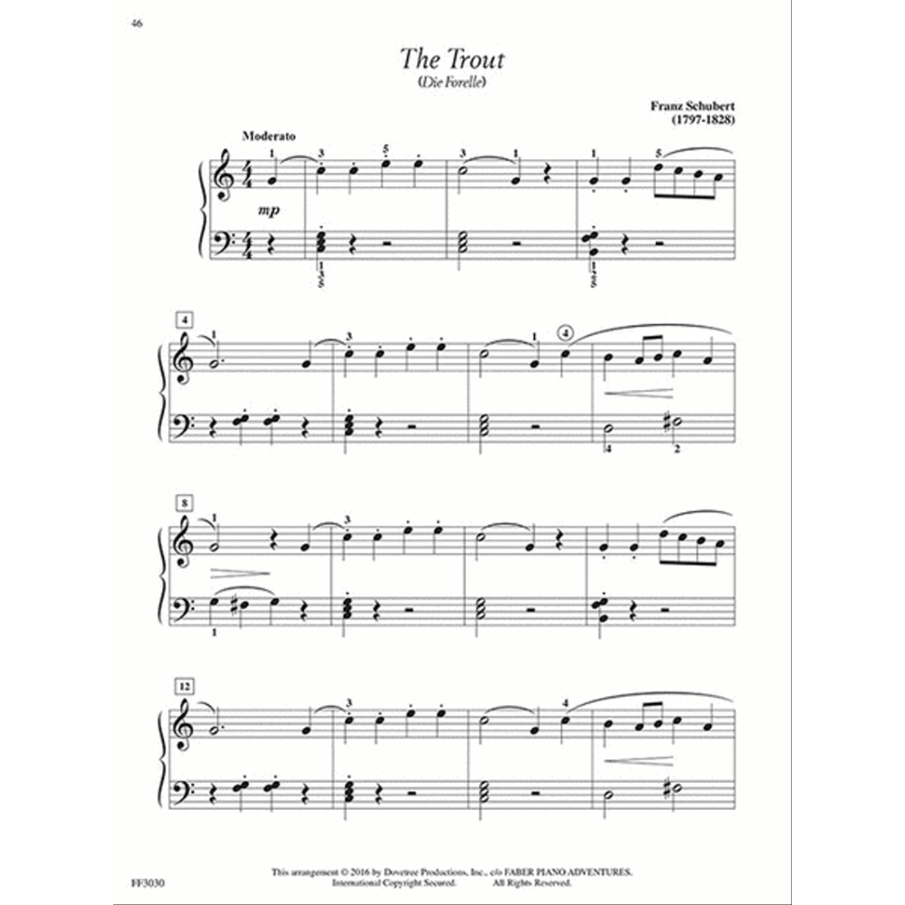 The image shows sheet music for Franz Schubert's "The Trout" (Die Forelle), arranged for piano in 4/4 time with a moderate tempo. It features a grand staff with treble and bass clefs, dynamic marking "mp," measure numbers, slurs, and standard notation. This 2018 Faber Piano Adventures edition is an educational arrangement, likely for intermediate players.