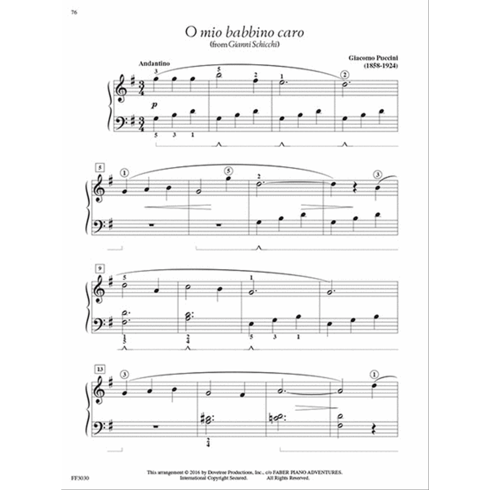The image shows a sheet music titled "O mio babbino caro" from Puccini's Gianni Schicchi, arranged for piano in 3/4 time with an Andantino tempo and soft dynamic (p). It includes treble and bass clefs, fingering numbers, phrase markings, and spans four systems. This educational version is from the Faber Piano Adventures series, adapting the famous soprano aria for solo piano.