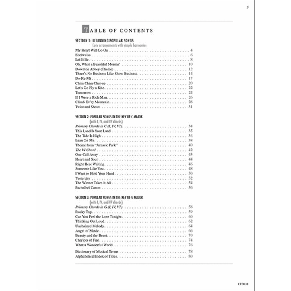 The image shows a table of contents from a music instruction or songbook divided into three sections: beginner popular songs with simple harmonies; popular songs in C major using chords I, V, and V7; and popular songs in G major with similar chords. It ends with a dictionary of musical terms and an alphabetical index, suggesting a progression from basic to more advanced material.