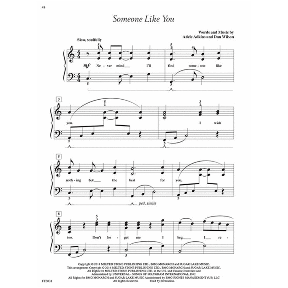 The image shows sheet music for "Someone Like You" by Adele Adkins and Dan Wilson. It features a piano/vocal arrangement in 4/4 time, marked "Slow, soulfully" and mezzo-forte. The music includes four systems with treble and bass clefs, lyrics below the melody, expression markings, composer credits, copyright details, and catalog number FF9031, representing an official published version.