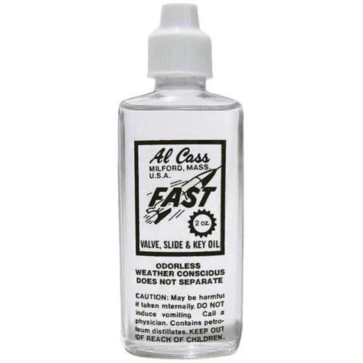The image shows a 2-ounce bottle of Al Cass "FAST" valve, slide & key oil, a lubricant for brass instruments like trumpets, trombones, and tubas. Made in Milford, Massachusetts, it ensures smooth valve and slide action, is odorless, weather conscious, and stable. The label includes safety warnings about keeping it from children and avoiding ingestion. This oil is essential for maintaining brass instrument performance.