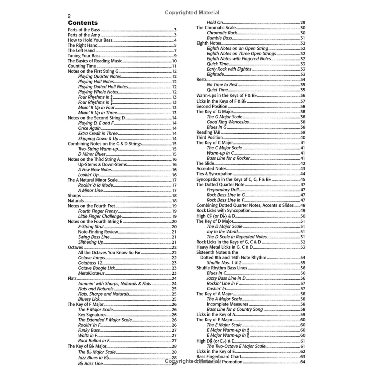 Table of contents for a music instruction book with chapter titles.