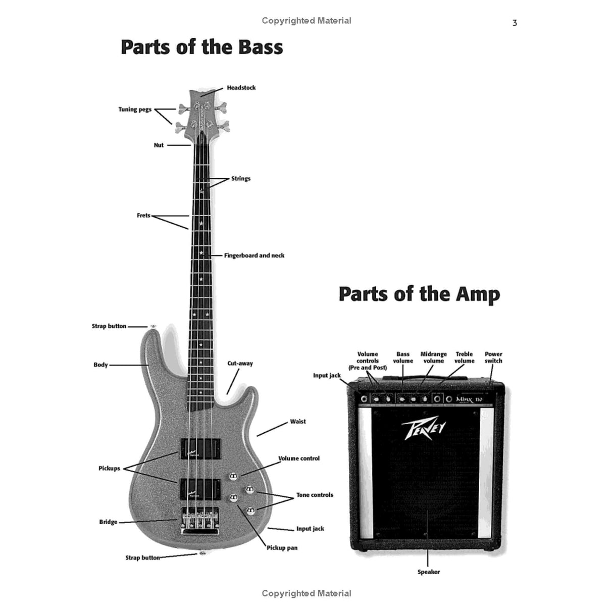 Diagram of parts of a bass guitar and amplifier on a white background