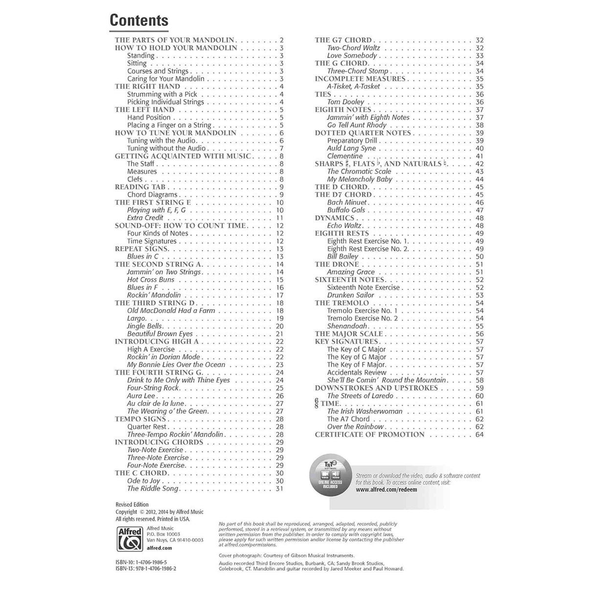 Table of contents for a the music book Alfred's Basic Mandolin Method 1 on a white background