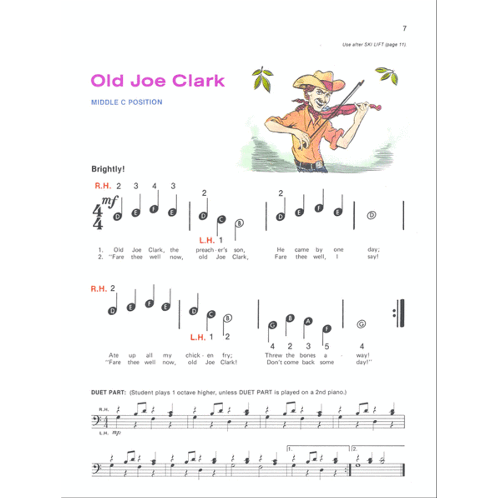 The image shows a page from a beginner piano method book featuring the folk tune "Old Joe Clark" in 4/4 time and "Middle C Position." It includes musical notation with fingering for right and left hands, simple rhythms, lyrics, and a duet part with octave or second piano options. A colorful cartoon fiddler in overalls and a hat is illustrated, emphasizing the educational and playful nature of the piece.