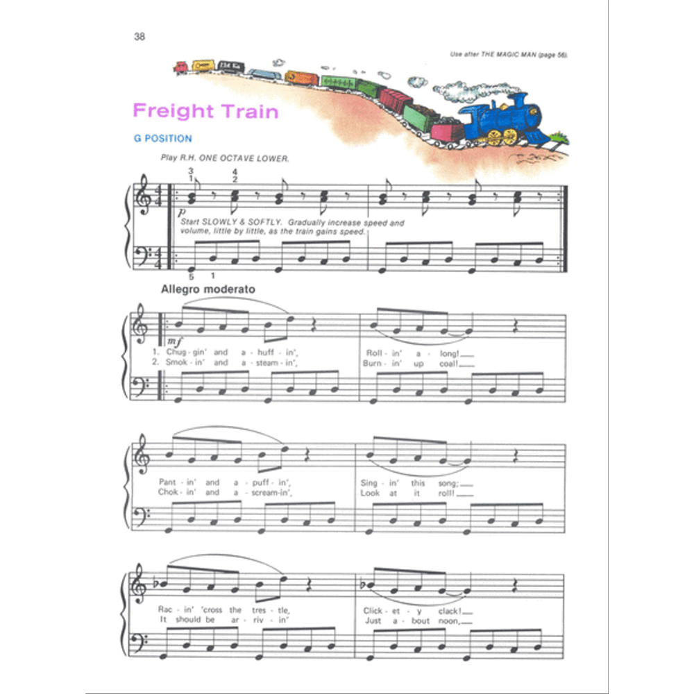 The image shows a sheet music page for the song "Freight Train" from a piano instruction book. It features standard notation in treble and bass clefs marked "Allegro moderato," with instructions to play the right hand an octave lower and gradually increase speed and volume. Lyrics mimic train sounds, and a colorful illustration of a blue freight train with multicolored cars appears at the top.