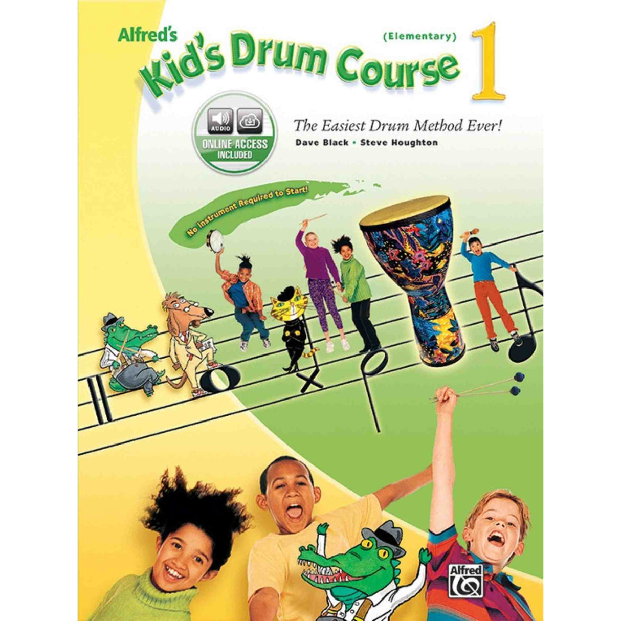 Book cover of 'Alfred's Kid's Drum Course 1' with children playing drums and colorful design.