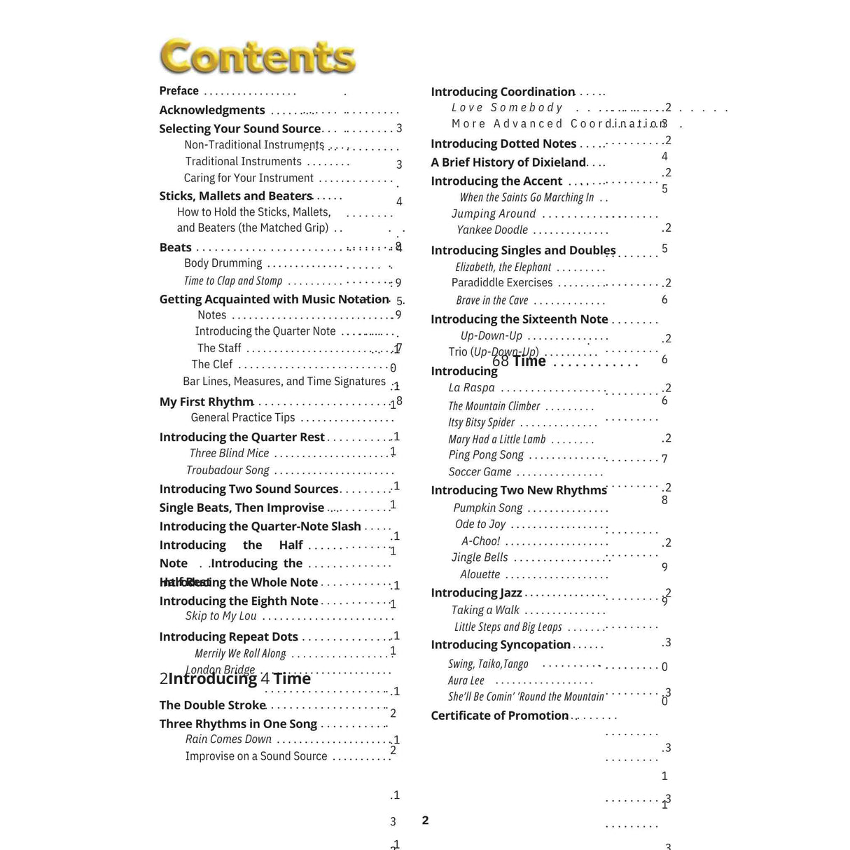 Table of contents for a music instruction book on drumming on a white background