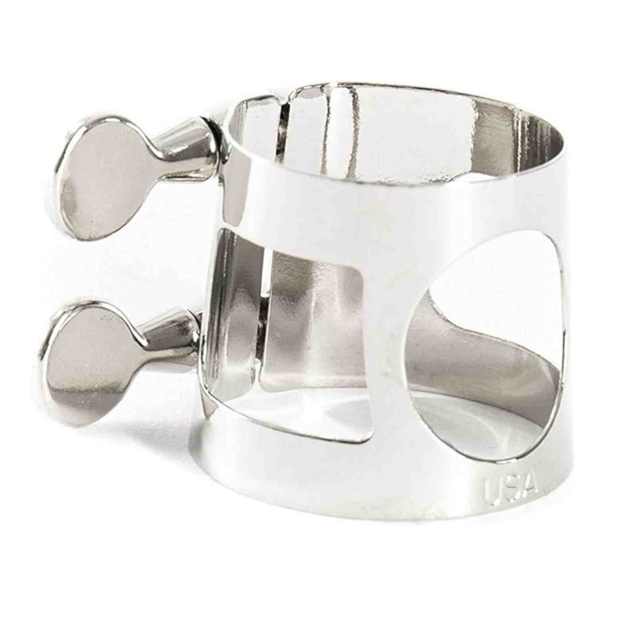 The image shows a silver-plated saxophone ligature, a metal clamp that secures the reed to the mouthpiece. It features two screws for adjusting reed tension and position. This polished, professional-grade ligature is essential for saxophone and clarinet players, impacting the instrument’s tone and response.