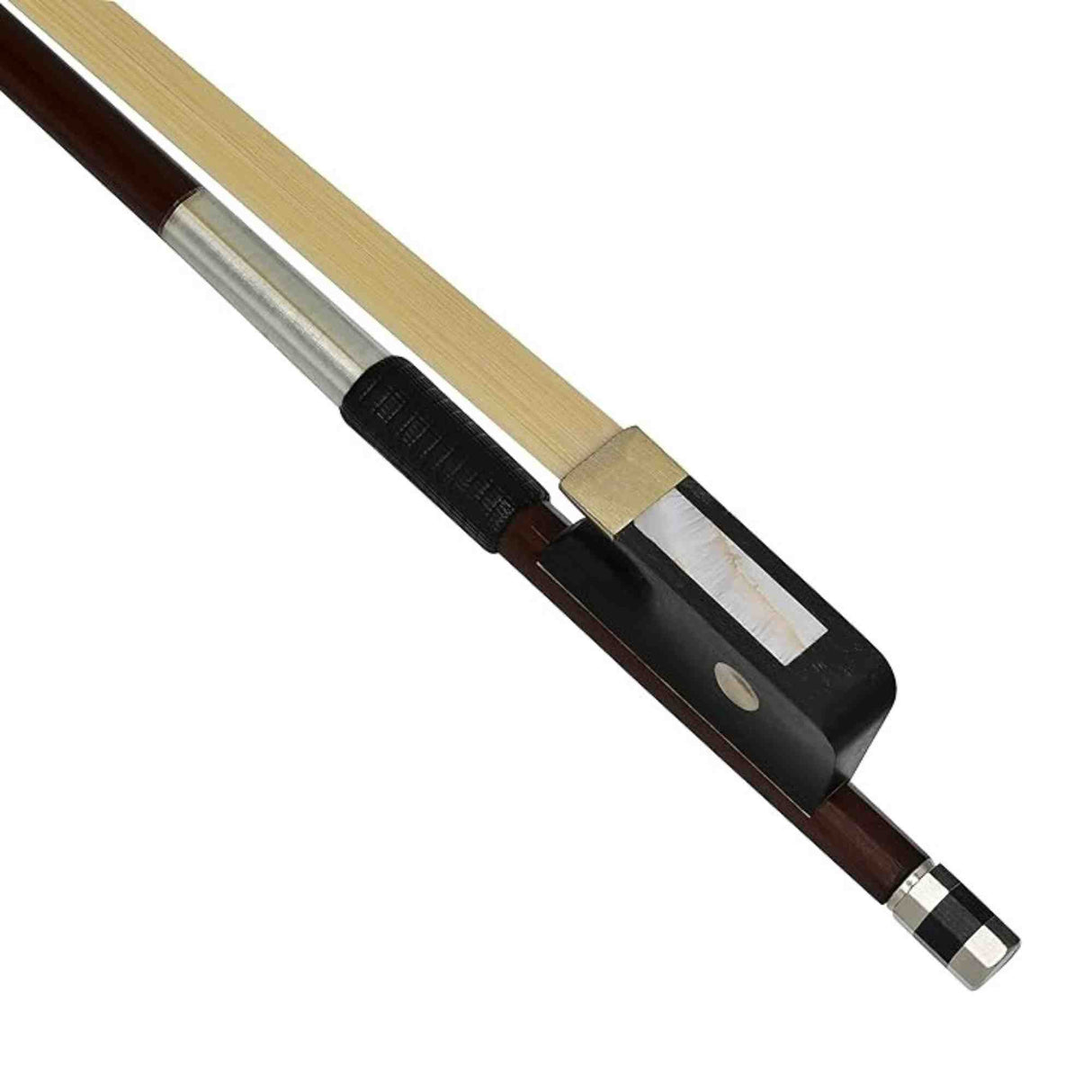 3/4 size Cello bow with brown stick, silver ferrule, and black frog on a white background