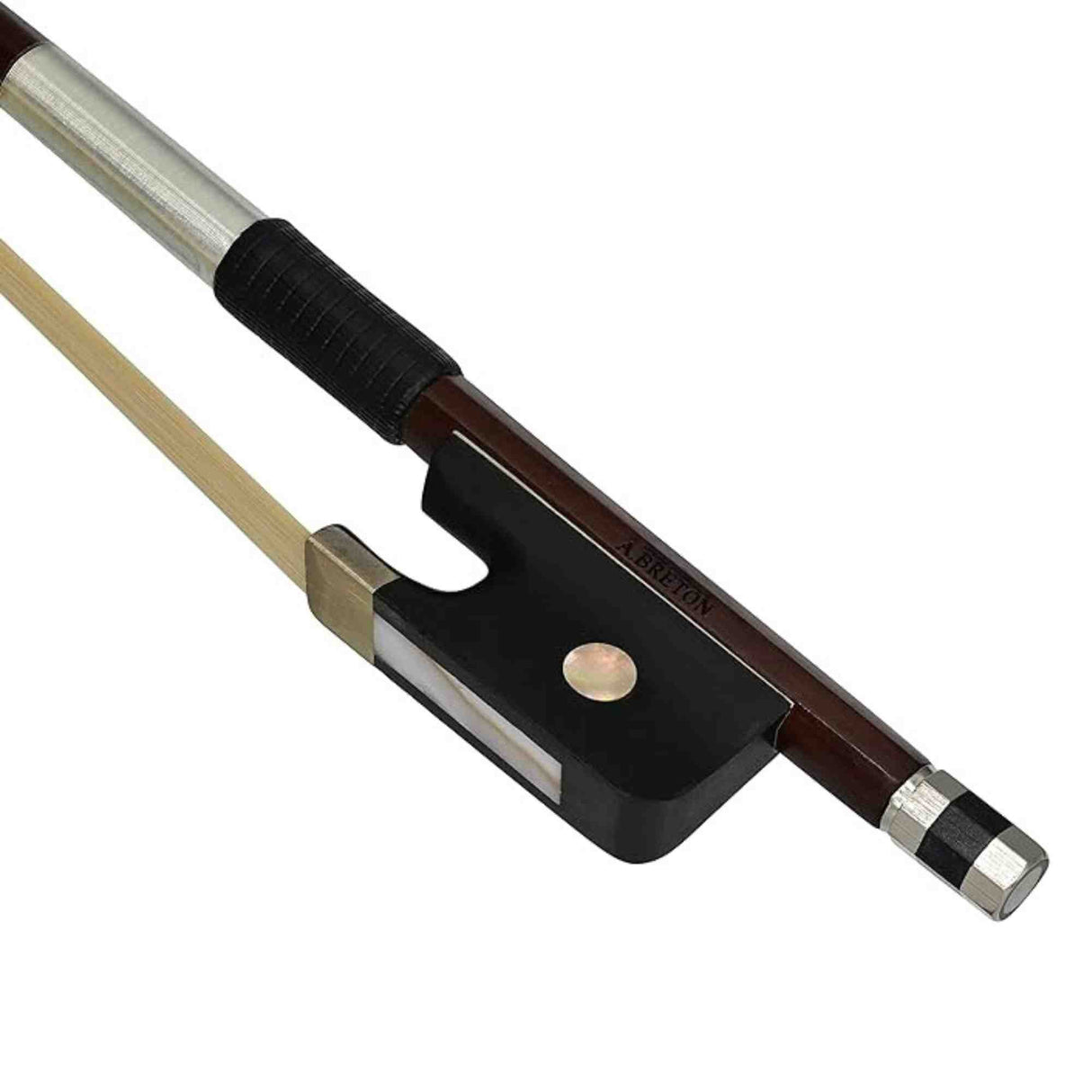Cello bow 3/4 size with brown frog and white hair on a white background