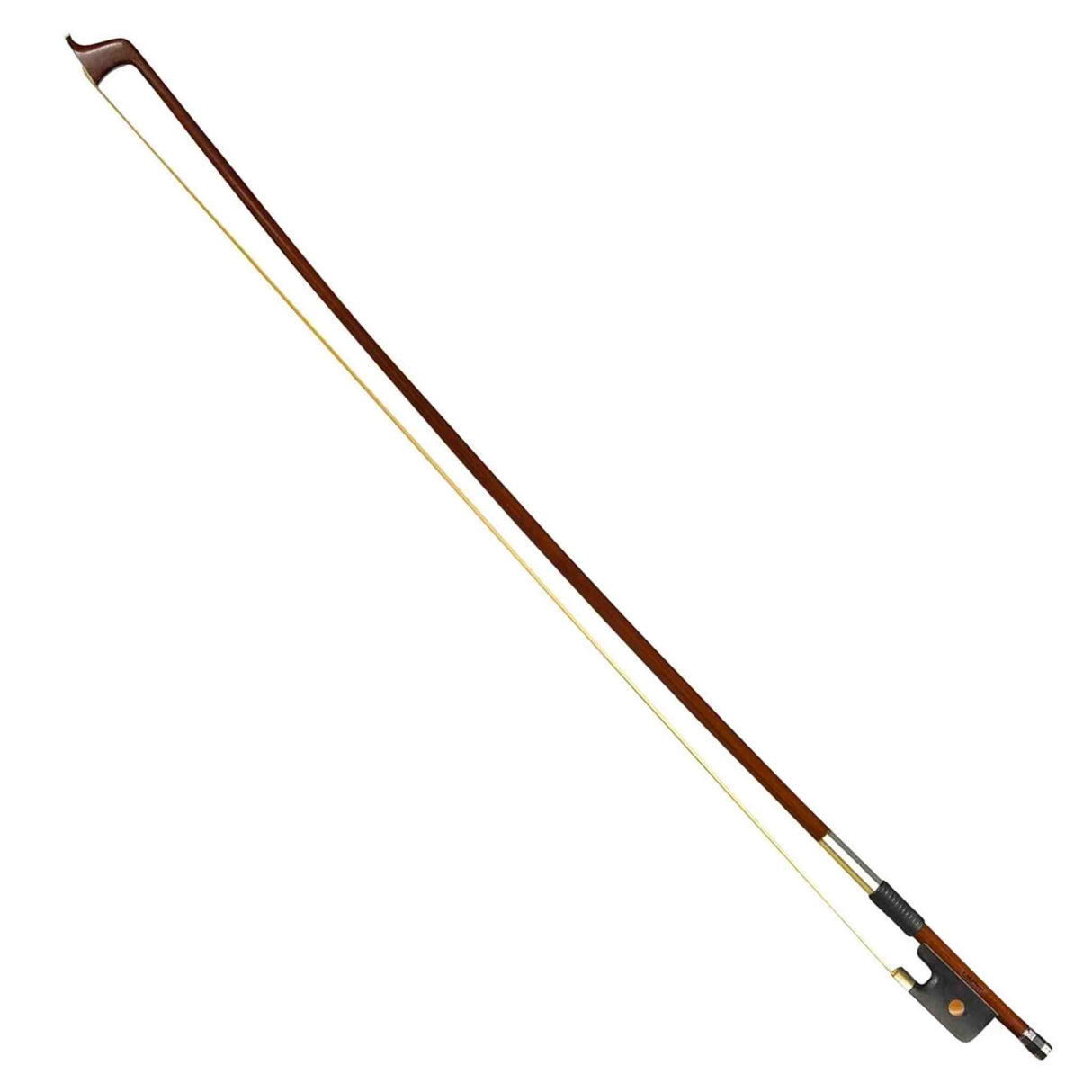 4/4 size Cello bow with brown stick and white hair on a white background