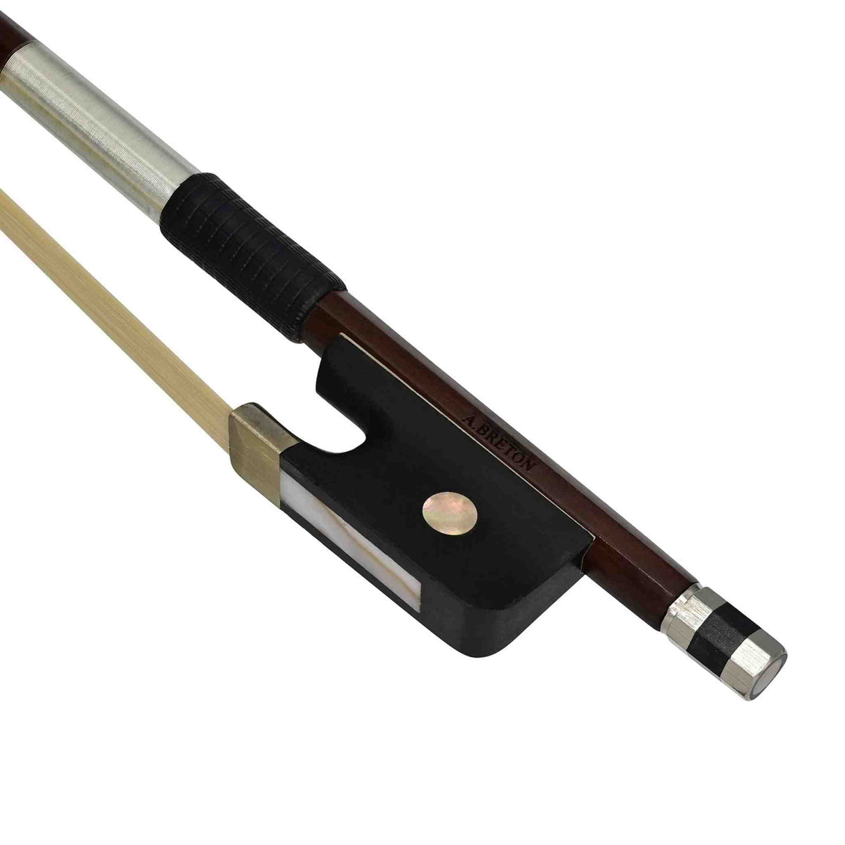 Anton Breton Cello bow with brown frog and white hair on a white background