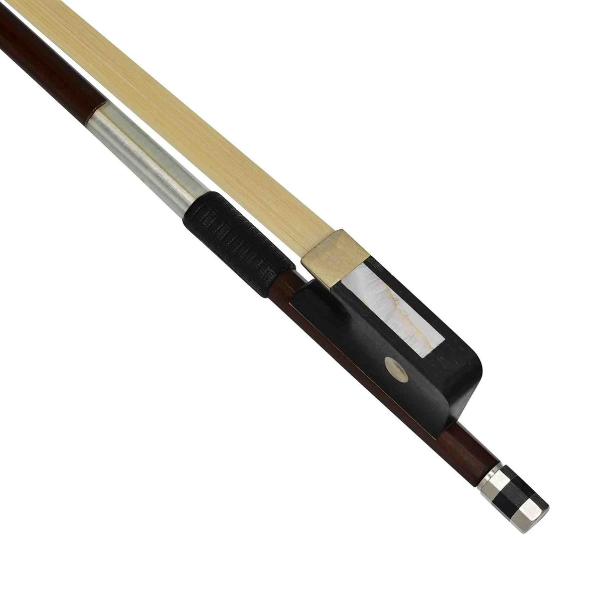 Cello bow in 4/4 size with brown frog and silver metal parts on a white background