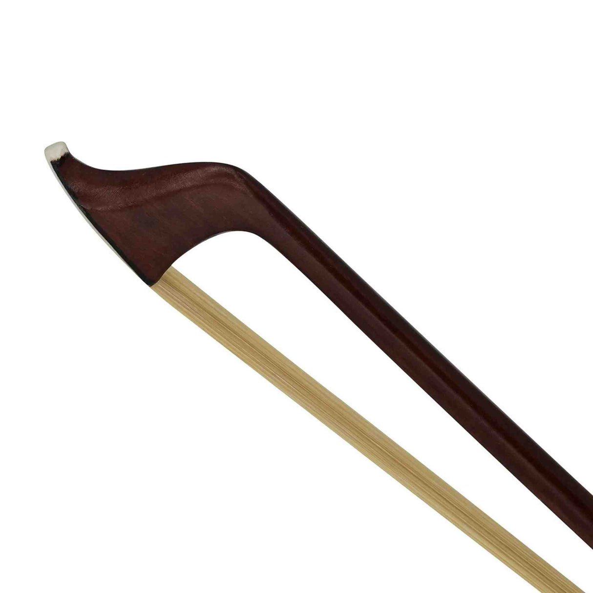 Cello bow with brown frog and white hair on a white background