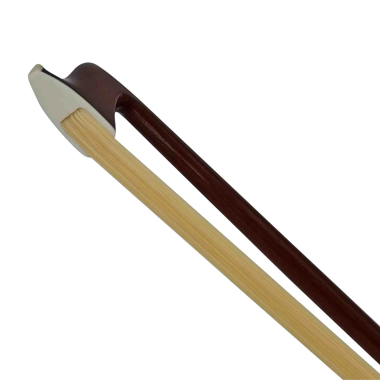 close up of the tip of a 1/2 size violin bow