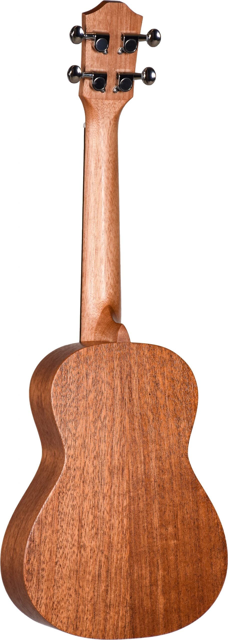 The image shows the back of a ukulele, a small four-stringed instrument from the guitar family. It features a natural wood finish with visible grain, likely mahogany, giving it a warm reddish-brown color. Visible are the headstock with four black tuning pegs in a 2x2 layout, a slender neck, and the figure-8 shaped body, indicating a well-crafted concert or tenor model.