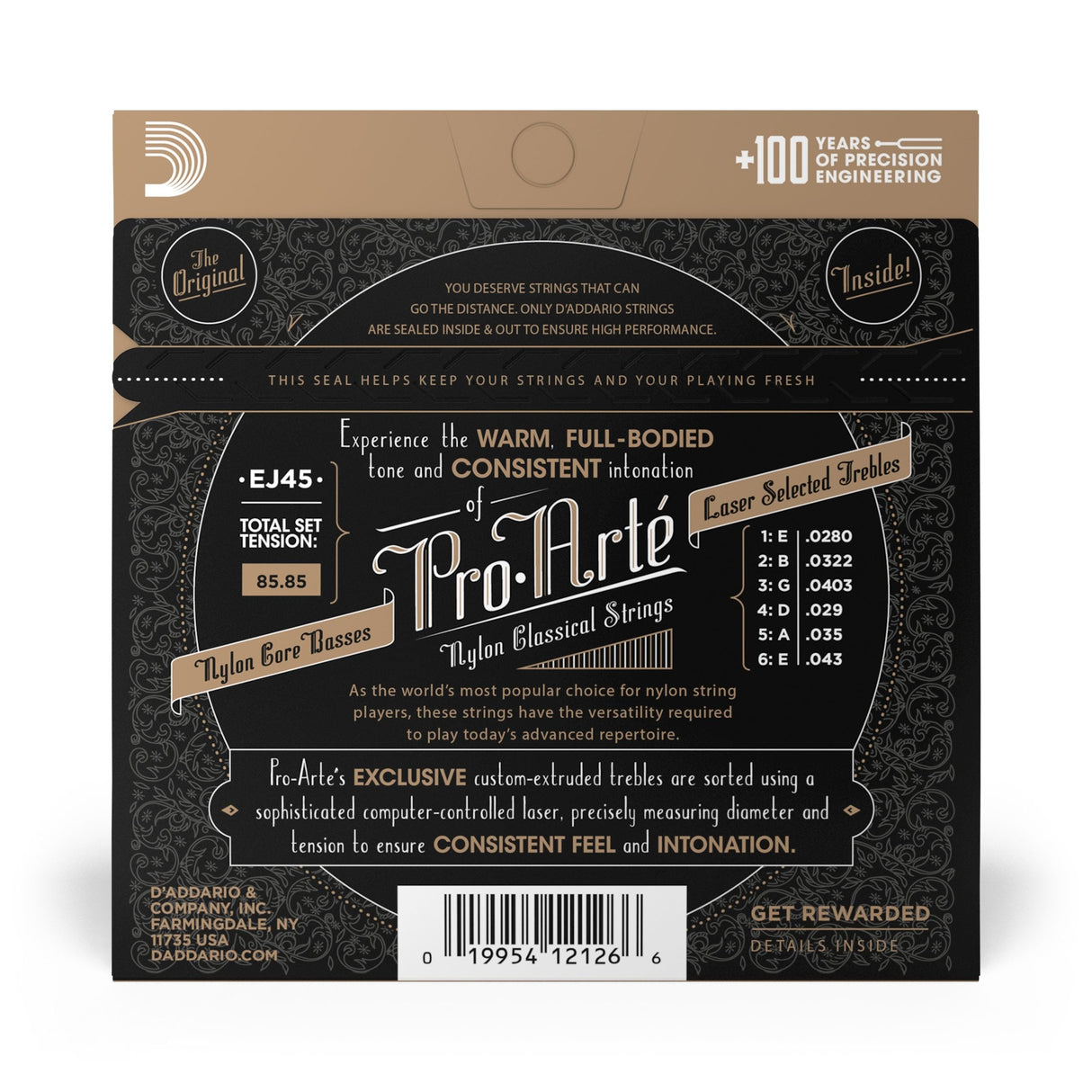 The image shows a package of D'Addario Pro-Arté EJ45 classical guitar strings. It features nylon core basses and laser-selected trebles for consistent tone and intonation. The set has a total tension of 85.85 and string gauges from .0280 to .043. Marketed for advanced repertoire, it promises warm, full-bodied tone and reliability. The packaging highlights D'Addario’s 100+ years of precision engineering and quality seal.