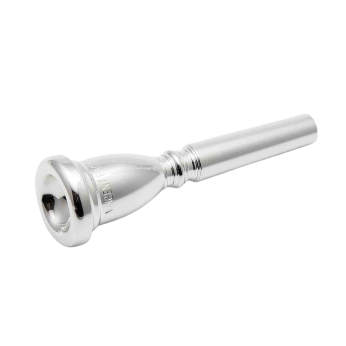 Silver trumpet mouthpiece on a white background