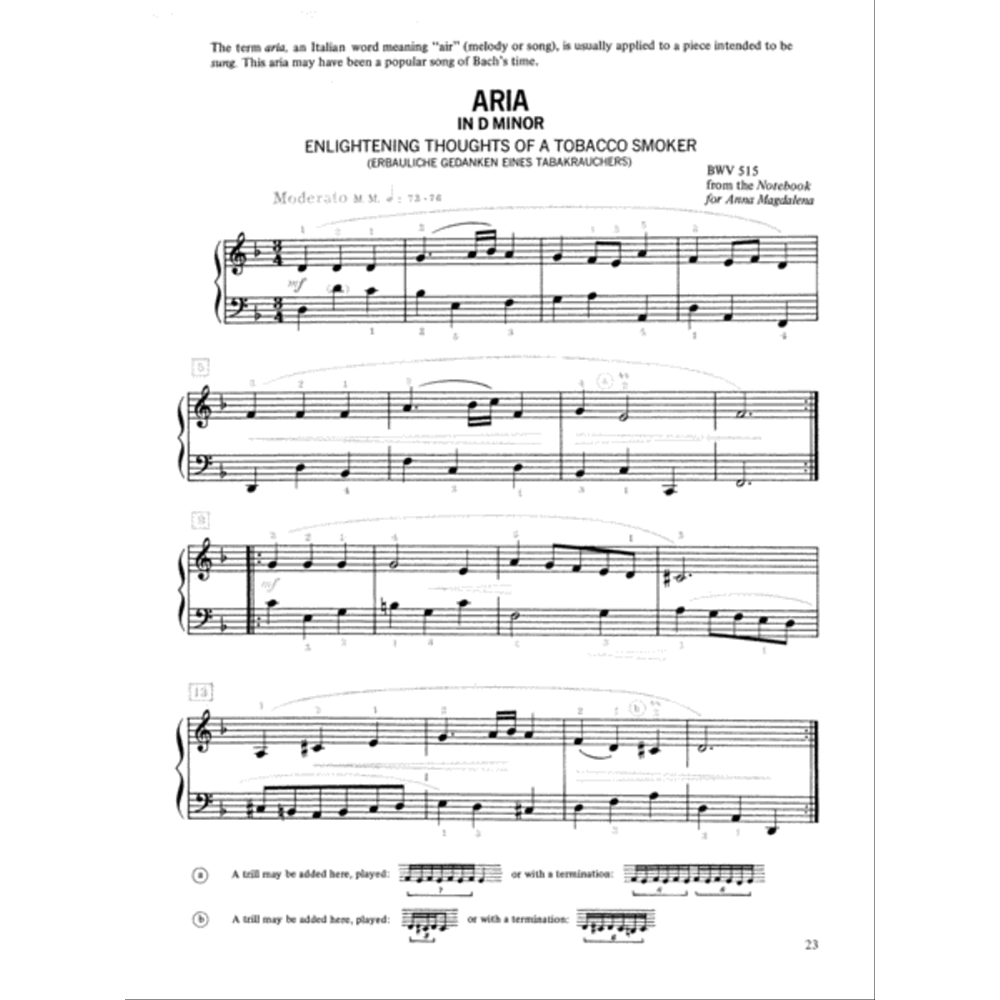 The image shows a page of sheet music for Bach's "Aria in D Minor" (BWV 515) from Anna Magdalena's Notebook, subtitled "Enlightening Thoughts of a Tobacco Smoker" ("Erbauliche Gedanken Eines Tabakrauchers"). It features piano notation in treble and bass clefs, marked Moderato, with practice notes on trills. Educational text explains the meaning of "aria," indicating the page is from a music method book.