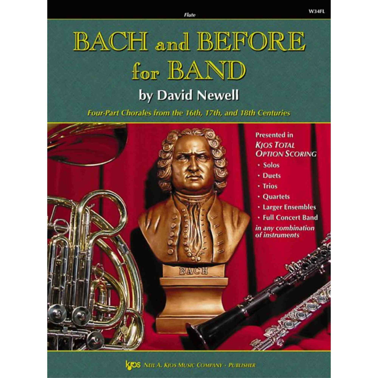 Book cover of 'Bach and Before for Band' for flute by David Newell with a bust of Bach and musical instruments.