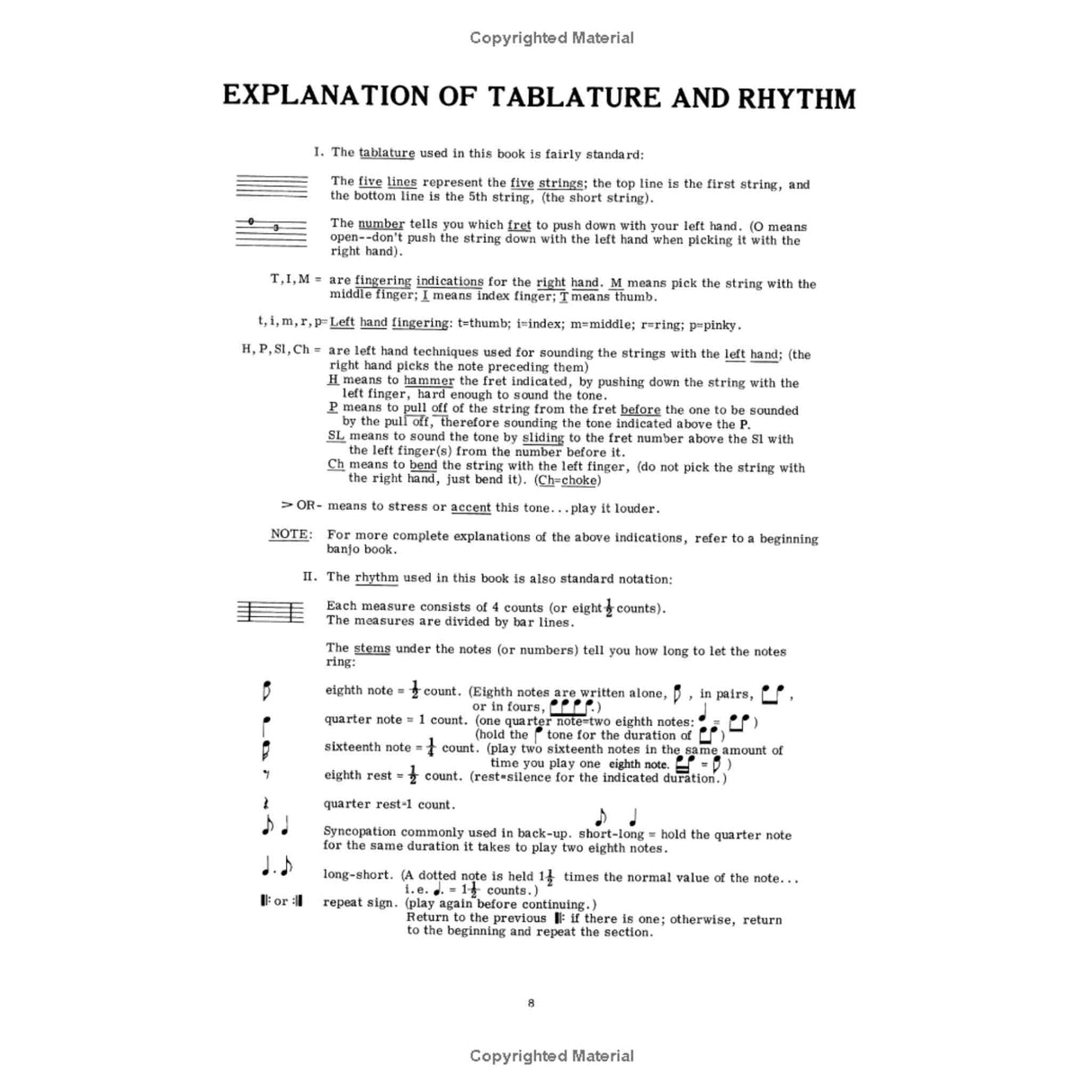 Explanation of Tablature and Rhythm page from the book Back-up Banjo.
