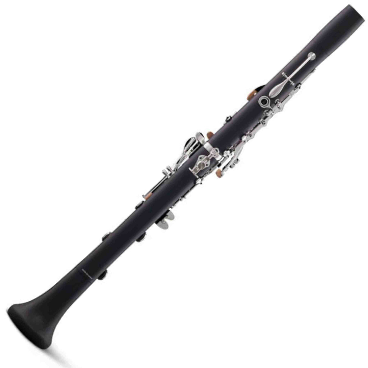 The image shows a B-flat clarinet with a black cylindrical body, silver-plated keys, and metal hardware. Visible features include multiple tone holes, a complex key mechanism with springs and levers, the bell at the bottom, and the upper joint for the mouthpiece. This woodwind instrument is commonly used in bands, orchestras, and various music genres, reflecting professional or intermediate-level craftsmanship.