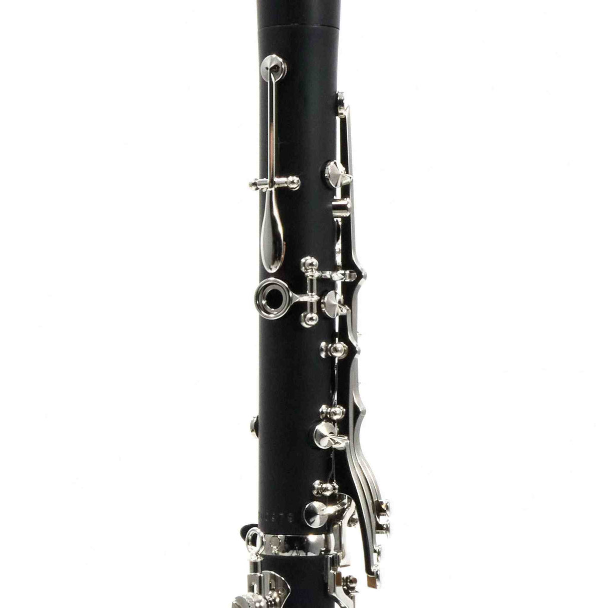 The image shows a section of a clarinet, a black woodwind instrument with silver-plated keys and tone holes. Visible are the intricate keywork and mechanisms that enable players to cover holes and produce notes chromatically across its wide range. This close-up highlights the craftsmanship and mechanical complexity that make the clarinet versatile and expressive in various musical settings.