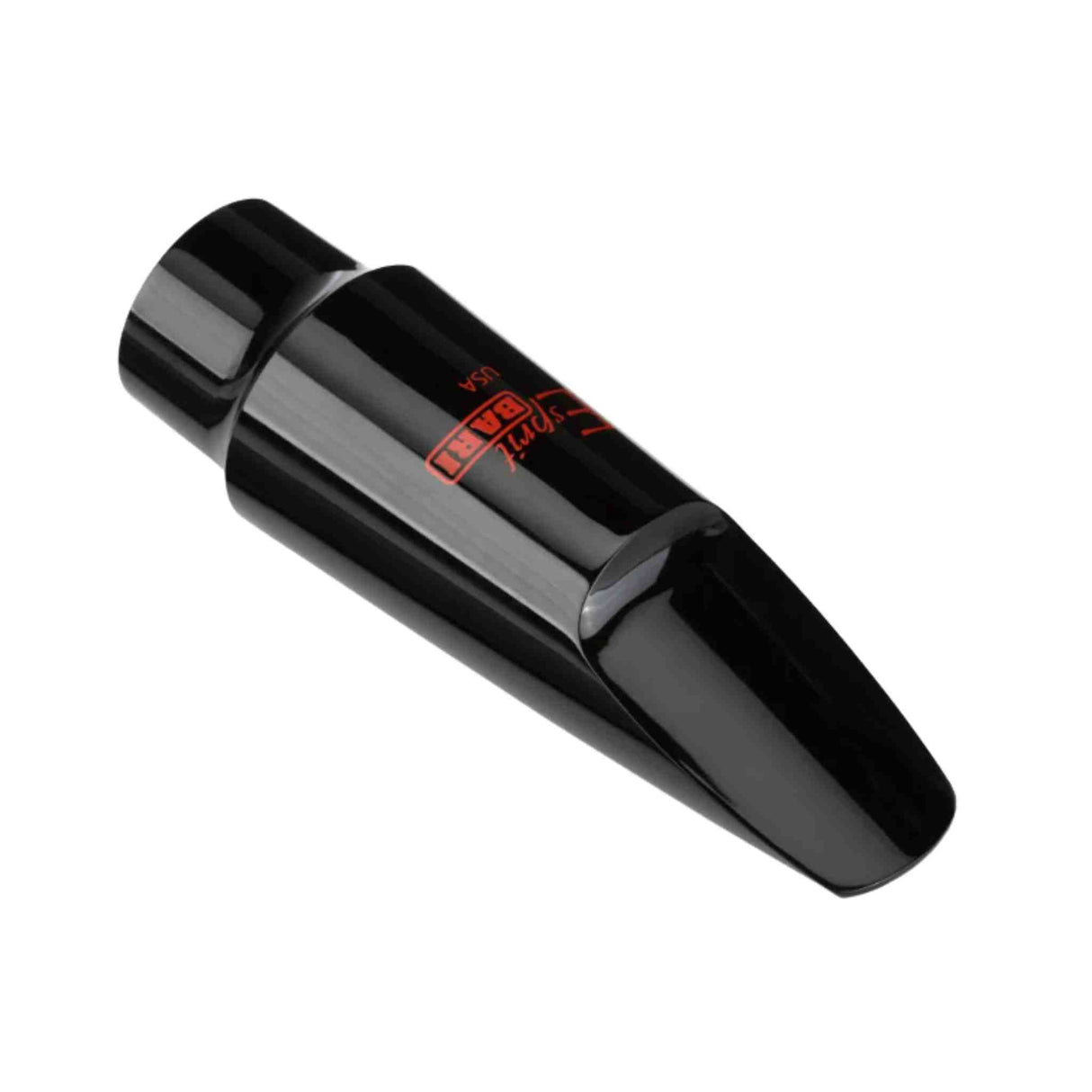 Black saxophone mouthpiece with red text on a white background