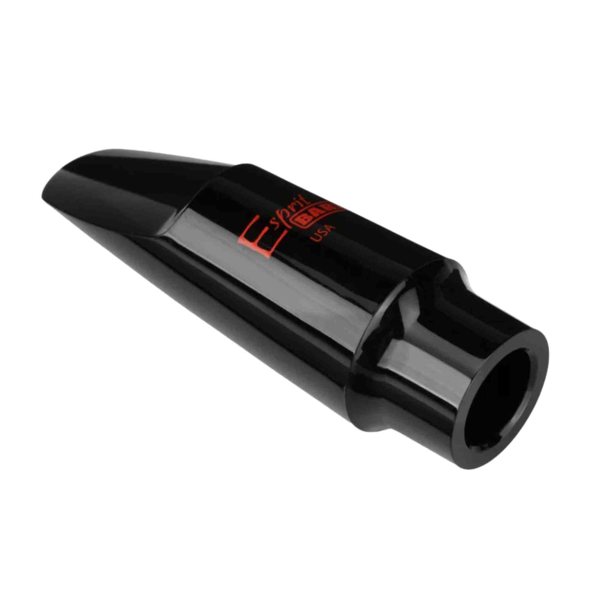 Black saxophone mouthpiece with red logo on a white background