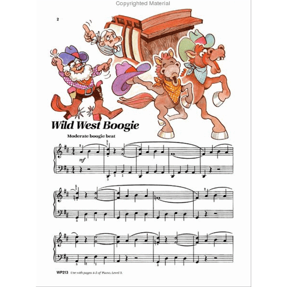 The image shows a page of piano sheet music titled "Wild West Boogie" with a moderate boogie beat tempo. It features grand staff notation in D major with a boogie-woogie rhythm, dynamic marking "mf," and reference "WP213." The page includes colorful Wild West-themed cartoon illustrations of cowboys, horses, and a stagecoach, appealing to intermediate students in a fun, engaging piano method book.