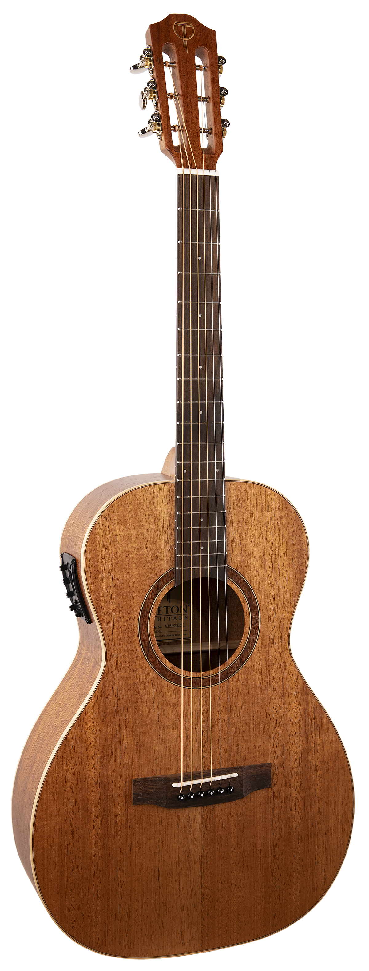 The image shows an acoustic guitar with a wooden body, sound hole, fretboard with metal frets, six strings, tuning pegs, and a slotted headstock typical of classical guitars. The bridge has pins securing the strings. This instrument is commonly used across various music genres and is a staple in the music industry.