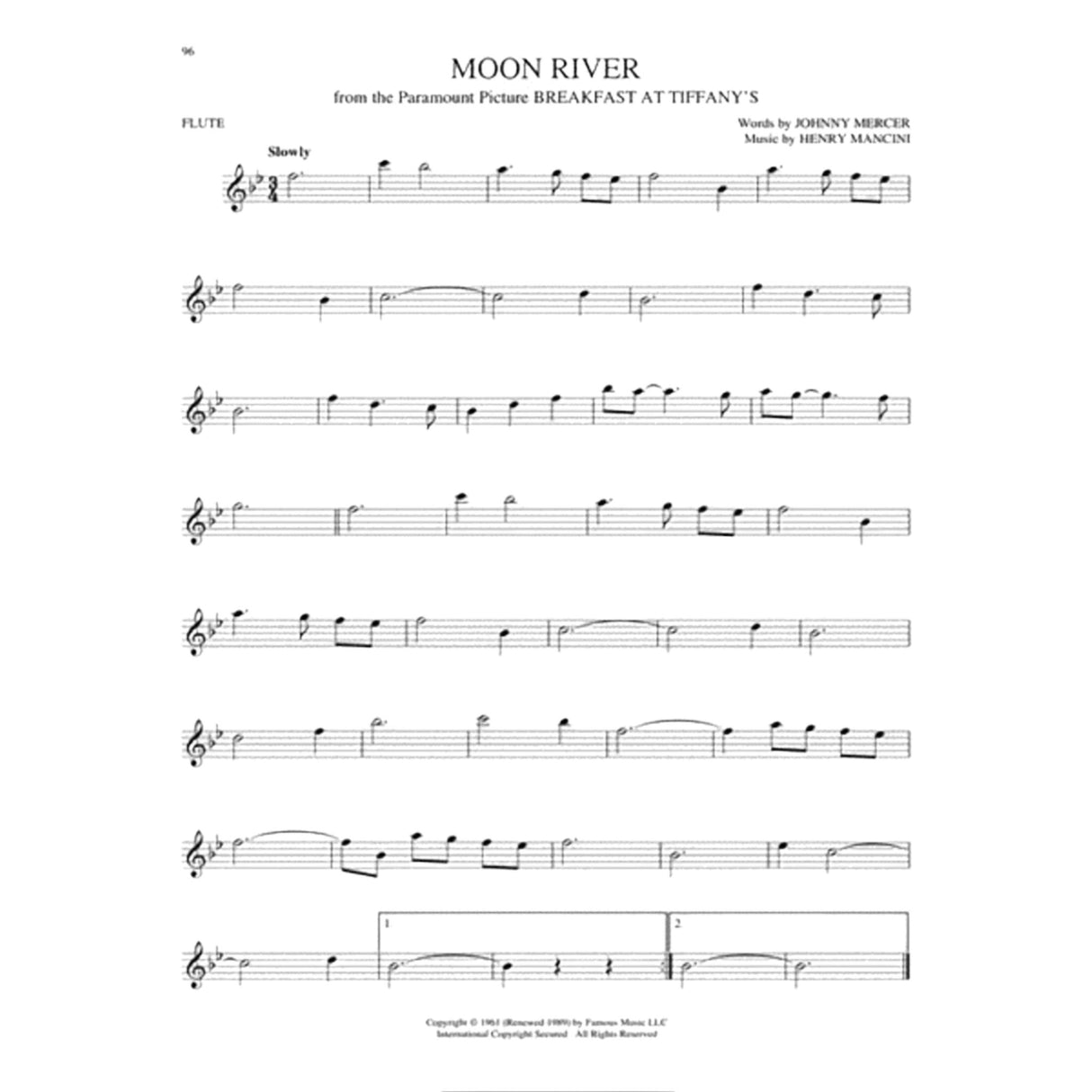The image shows sheet music for "Moon River" from "Breakfast at Tiffany's," arranged for flute as marked on the page. It includes the song title, credits to Johnny Mercer (words) and Henry Mancini (music), a "Slowly" tempo, 3/4 time signature, and a B♭ major key signature. The notation features standard elements, phrase markings, and numbered endings, with copyright info at the bottom.