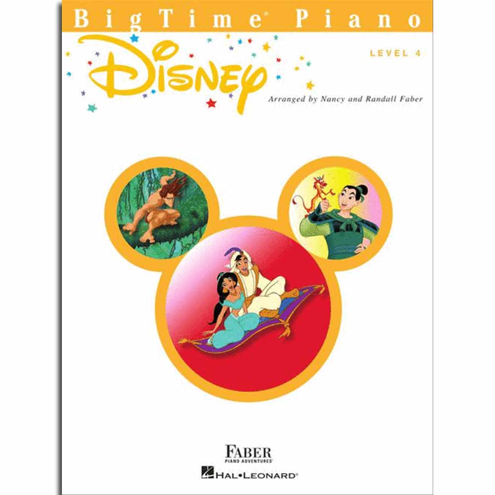 The image shows the cover of "BigTime Piano Disney Level 4," a piano method book by Faber Piano Adventures. It features the Disney logo with colorful stars and three circular images of Tarzan, Mulan, and Aladdin with Jasmine on a magic carpet. The cover uses bright, cheerful colors with an orange header. The book offers intermediate-level sheet music arrangements of Disney songs by Nancy and Randall Faber.