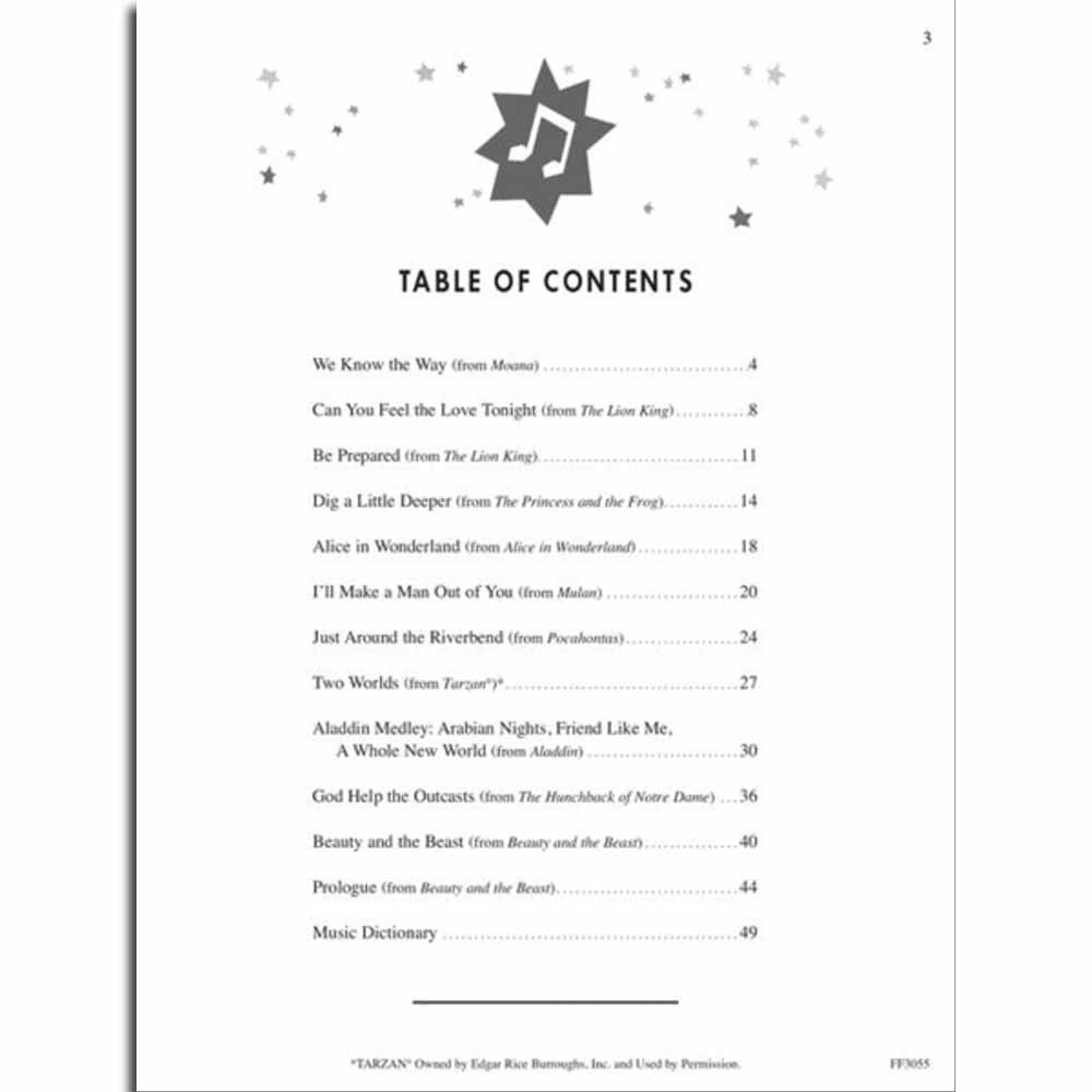 The image shows a table of contents page from a Disney-themed songbook featuring 12 songs from movies like The Lion King, Mulan, Pocahontas, and Beauty and the Beast. The page has a decorative header with a star and musical note, scattered stars, and a clean layout. It includes song titles with page numbers, a Music Dictionary section, copyright info, and professional formatting typical of licensed sheet music collections.