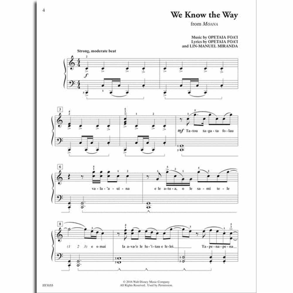 The image shows a page of piano and vocal sheet music for "We Know the Way" from Disney's *Moana*, written by Opetaia Foa'i and Lin-Manuel Miranda. It features treble and bass clefs, tempo marked "Strong, moderate beat," bilingual lyrics, dynamics like "f" and "mf," page number 4, copyright © 2016 Walt Disney Music Company, and catalog number FF2055.