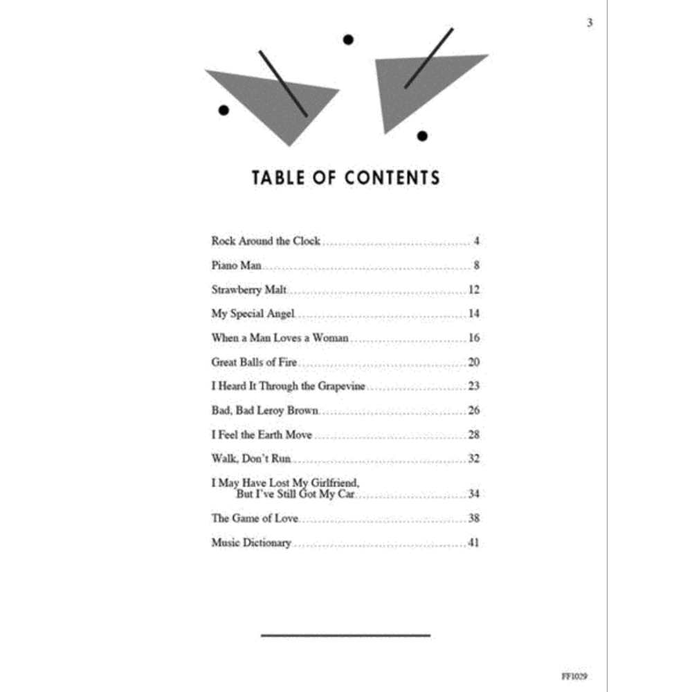 The image shows a table of contents page numbered 3 from a music songbook with a gray geometric triangular header. It lists classic songs like "Rock Around the Clock" (p.4), "Piano Man" (p.8), and "Great Balls of Fire" (p.20), plus a "Music Dictionary" (p.41). The book appears for piano or guitar and includes a product code "FF1029" at the bottom.