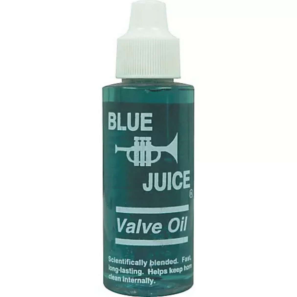 The image shows a clear squeeze bottle of Blue Juice Valve Oil for brass instruments. The bottle has a white dispensing cap and contains blue-green oil. The label features a trumpet silhouette and highlights that the oil is scientifically blended, fast, long-lasting, and helps keep horns clean. This valve oil is used to lubricate and maintain smooth valve action in instruments like trumpets, cornets, and tubas.