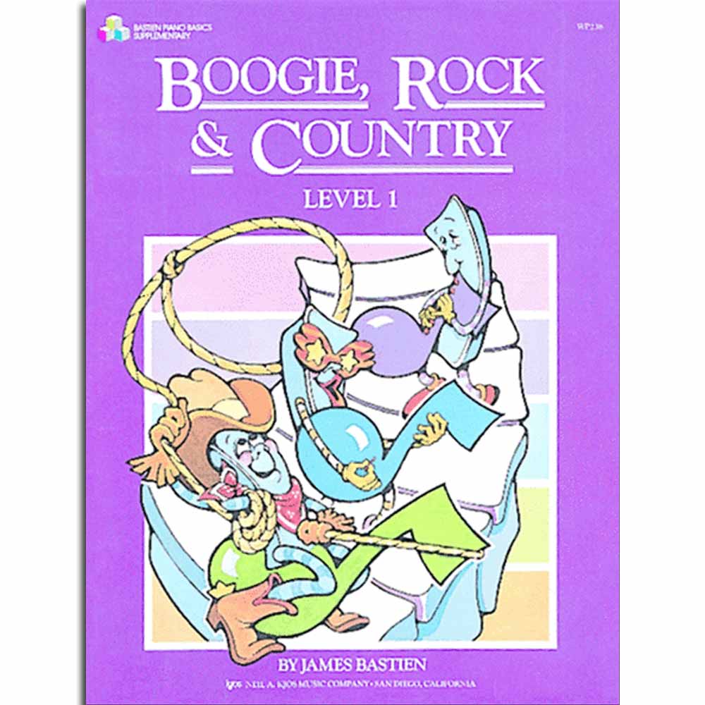 The image shows a music instruction book titled "Boogie, Rock & Country Level 1" by James Bastien. It has a purple cover with colorful cartoon illustrations of musicians playing instruments, reflecting the boogie, rock, and country themes. This beginner piano method book, published by Kjos Music Company (catalog WP216), is part of a series designed to teach these musical styles through simplified songs and exercises.