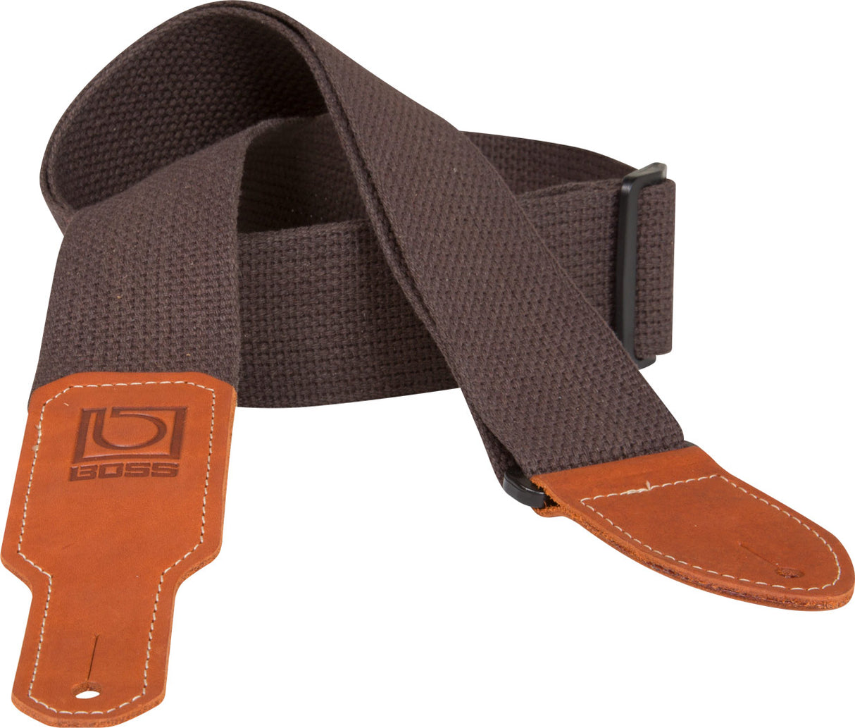 The image shows a guitar strap made of brown cotton webbing with orange/tan leather ends featuring white stitching and the embossed "BOSS" logo. It has an adjustable buckle on the right for length adjustment. Designed for durability and style, this strap supports guitarists playing standing up by distributing the instrument's weight. The BOSS branding indicates itβs from the well-known Roland/BOSS music equipment brand.
