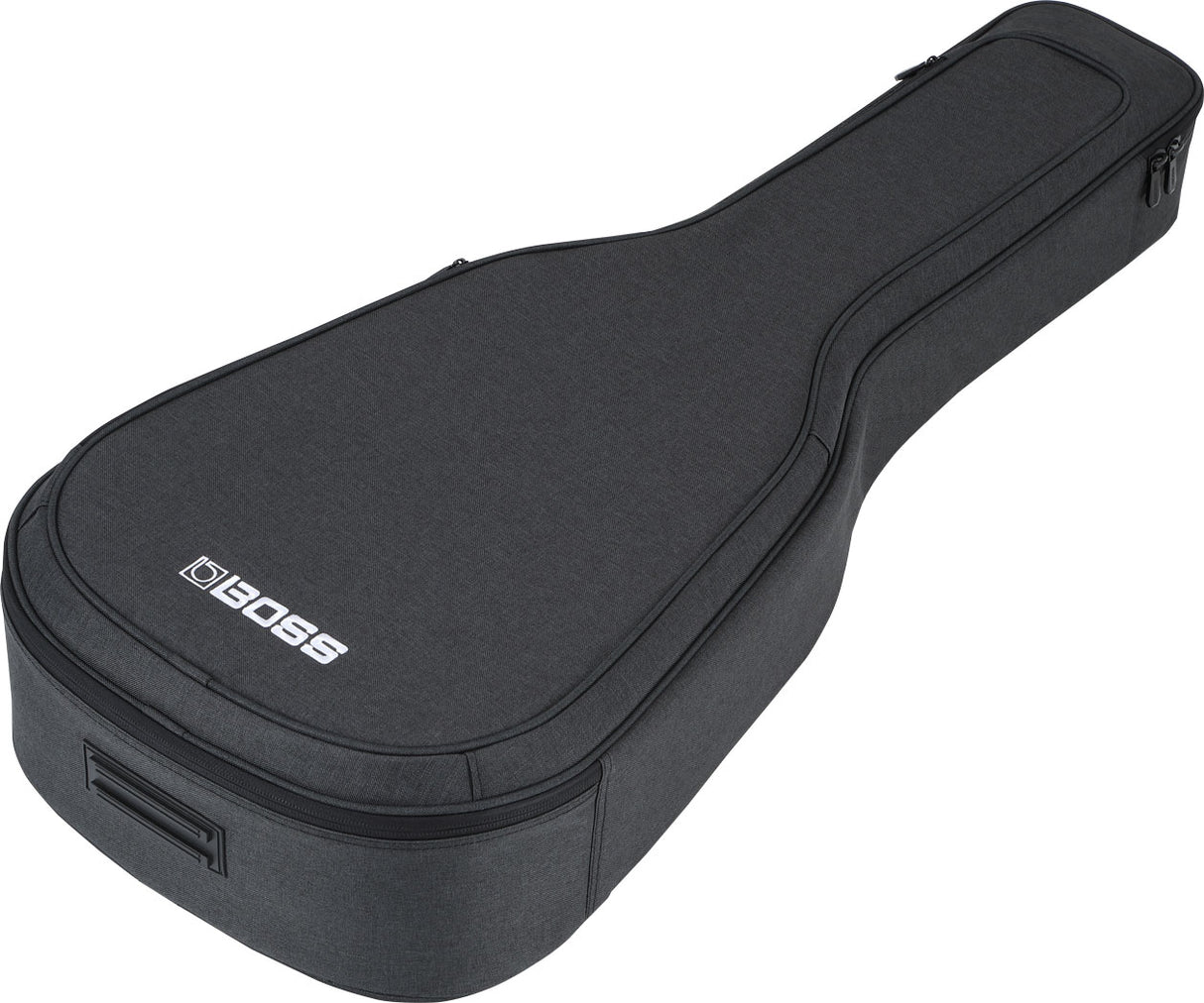 The image shows a black Boss guitar gig bag with a durable fabric exterior and white Boss logo. It features a guitar-shaped design, padded protection, multiple zippers for the main and accessory compartments, and a carrying handle. Known for quality, Boss offers this lightweight, portable soft case to safely transport guitars while shielding them from dust, minor impacts, and weather.