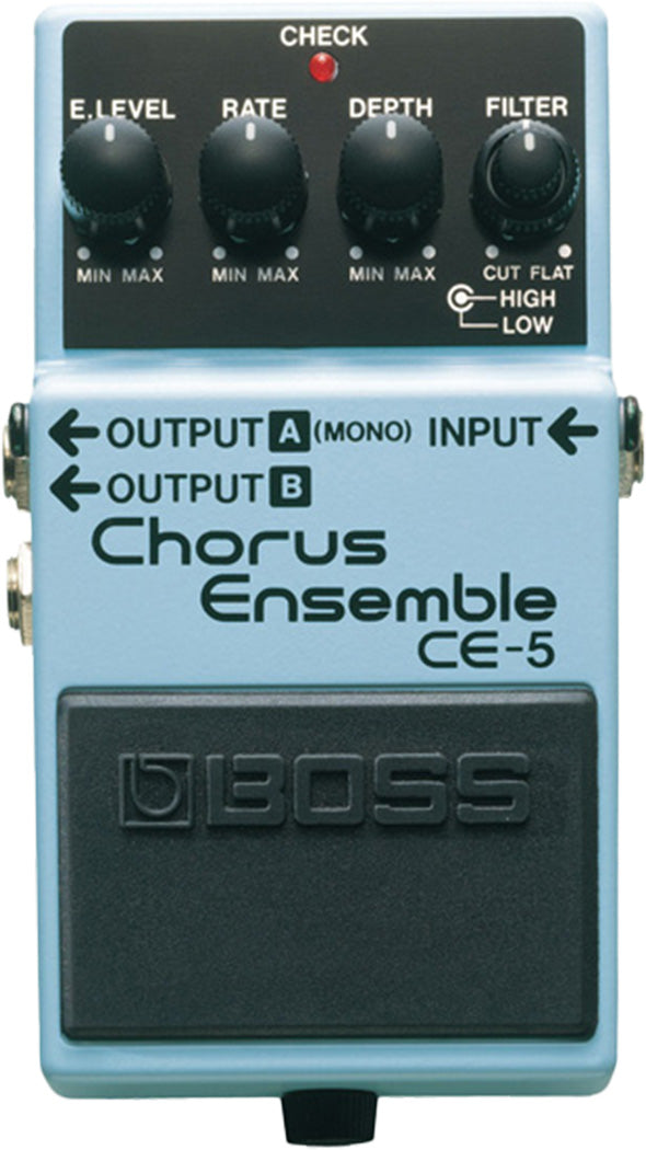 The image shows a Boss CE-5 Chorus Ensemble guitar effects pedal in light blue. It features four controls—E. LEVEL, RATE, DEPTH, and FILTER—plus INPUT and dual OUTPUT jacks for mono or stereo. There is a CHECK indicator light and a large footswitch for activation. Known for its warm, lush chorus tones, the CE-5 is a classic stompbox widely used by guitarists to add depth and movement to their sound.