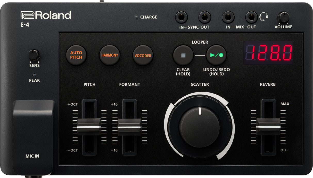 The image shows a Roland E-4 Voice Tweaker, an electronic vocal effects processor and looper designed for vocalists. It features auto pitch correction, harmony generation, vocoder and formant controls, pitch adjustment, and a looper with clear and undo/redo. Audio controls include mic input, sliders, scatter effects, reverb, volume, and sync/mix in/out jacks, enabling real-time vocal manipulation and layering for live or studio use.