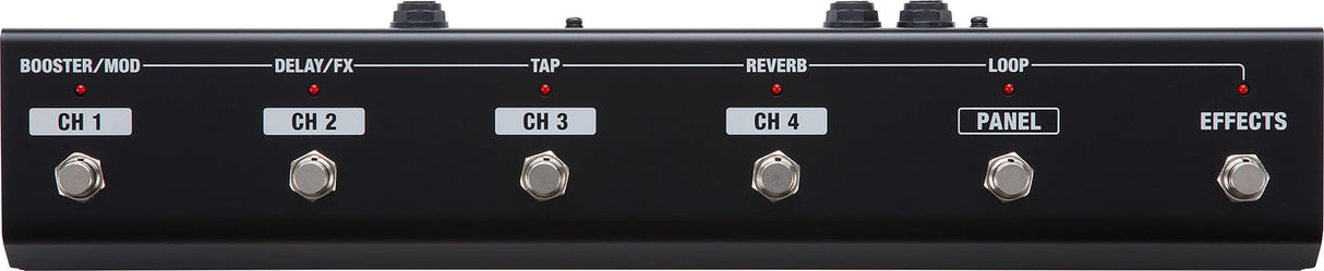The image shows a black metal guitar effects footswitch with six chrome footswitches in a row. It includes channel controls labeled CH 1 to CH 4, effects controls for BOOSTER/MOD, DELAY/FX, TAP, REVERB, LOOP, PANEL, and EFFECTS, plus red LED indicators above each button. Connection jacks are on top for linking to amps or effects units, enabling hands-free switching during performances.